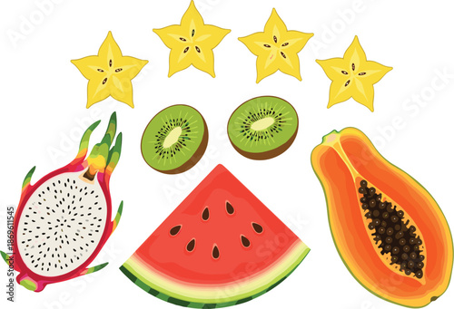 Tropical fruit slices set with papaya, watermelon, kiwi, dragon fruit and star fruit flat vector illustration