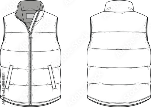 Technical fashion flat sketch of padded sleeveless puffer vest with zipper front and back view outerwear illustration
