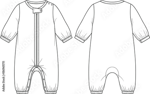 Technical fashion illustration of baby romper jumpsuit with front zipper, snap buttons and elastic cuffs, long sleeves, front and back views flat sketch
