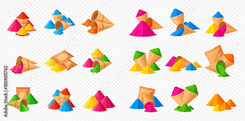 Set of colorful Holi powder piles and paper bags, vibrant pigment for Indian festival celebration.