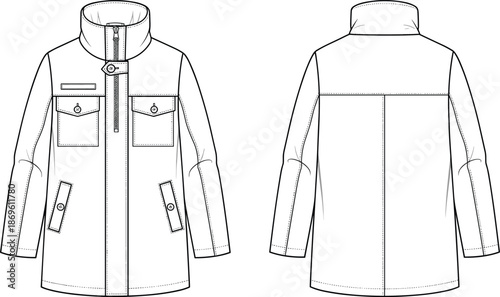 Technical fashion illustration of modern men’s winter jacket with front and back views, high collar, zipper, pockets, flat sketch design