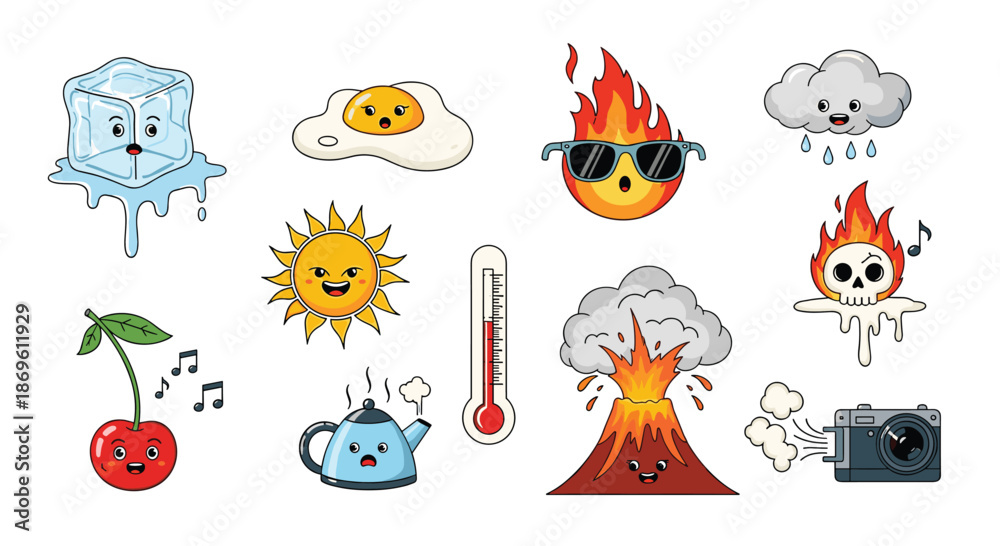 Fototapeta premium Collection of cartoon weather and daily object emojis depicts cute, expressive characters including ice cubes sun clouds fire and a cherry with music notes.