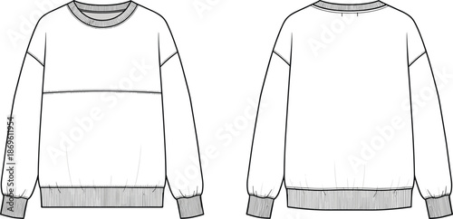 Unisex crewneck sweatshirt technical fashion illustration with front and back views featuring ribbed cuffs hem and neckline flat sketch