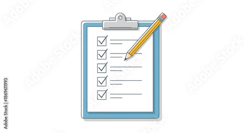 Illustration of a checklist on a clipboard with a pencil on a white background