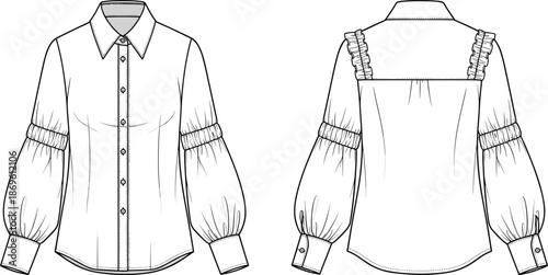 Women long sleeve blouse technical fashion illustration with front and back views featuring button placket ruffle detail flat sketch