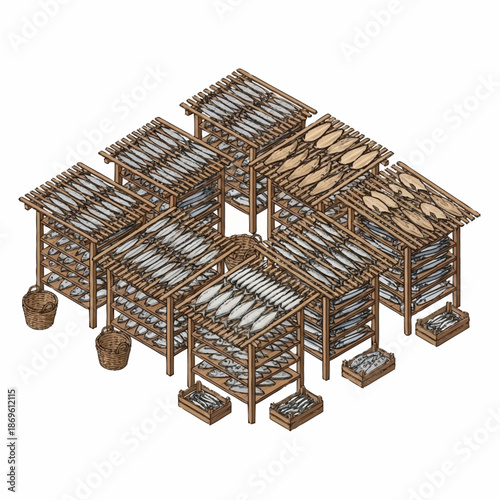 Traditional Fish Drying Racks with Abundant Catch.