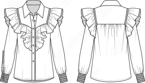 Women ruffle detail long sleeve blouse technical fashion illustration with front and back views featuring button placket flat apparel sketch