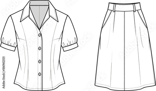Women short sleeve button up blouse and midi skirt technical fashion illustration set with front views flat apparel design sketch