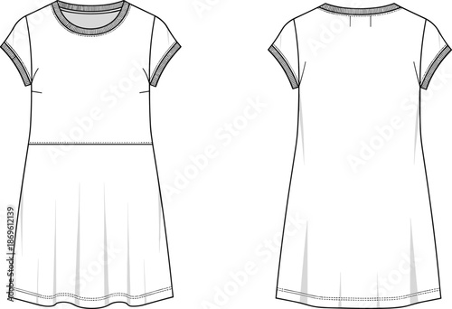 Women short sleeve casual dress technical fashion illustration with front and back views featuring ribbed neckline flat apparel sketch