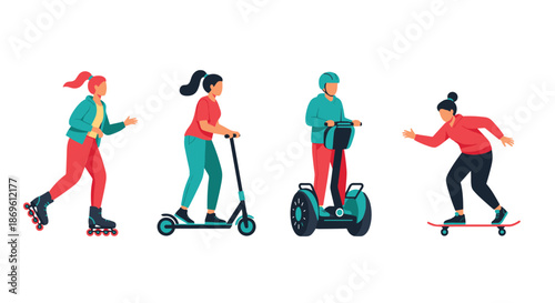 Dynamic illustration depicts diverse people enjoying various wheeled sports including rollerblading scootering segway riding and skateboarding on a white background.