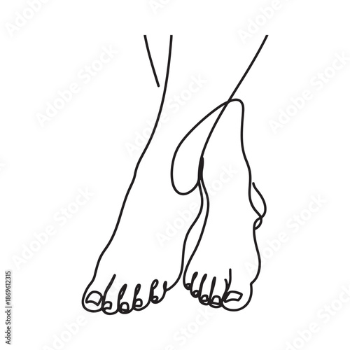 A minimal line drawing depicts bare human feet with simple contour details