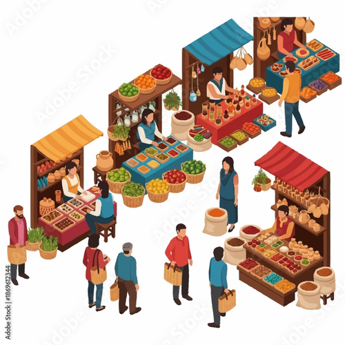 Vibrant outdoor market scene with diverse vendors and shoppers.