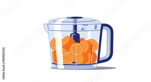 Transparent food processor is filled with vibrant orange slices ready for blending or juicing on a clean white background ideal for culinary or healthy eating themes.