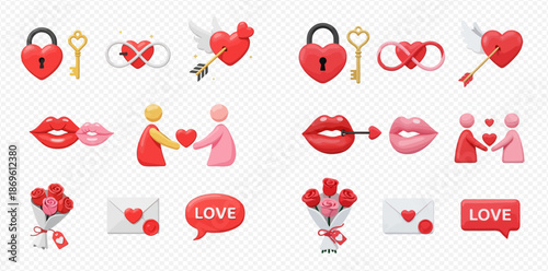 Valentine's Day 3D Rendered Icons Set with Hearts, Locks, Keys, Lips, Couples, Flowers, and Love Letters.