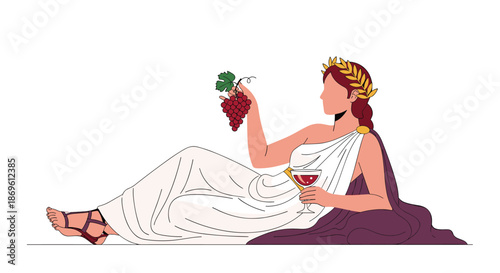 Elegant woman in a flowing white toga and golden laurel wreath reclining with a bunch of red grapes and a glass of red wine.