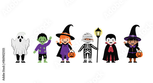 Diverse group of smiling children in various Halloween costumes, including a ghost zombie witch mummy and vampire.