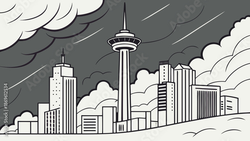 San antonio skyline in black and white, under looming rain clouds. Perfect for dramatic cityscape backgrounds or weatherrelated designs.