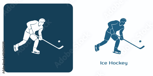 Stylized vector illustration of an ice hockey player in motion. Dynamic pose with stick and puck, bold contrast. Perfect for sports editorials, web design, promotional materials, icons, and emblems