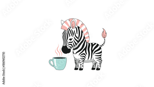 Cute cartoon zebra with a pink mane and tail, enjoying a steaming cup of tea, conveying a sense of relaxation and comfort.