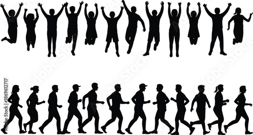Silhouettes of people jumping and walking in black and white 1