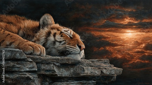 Powerful tiger relaxing in nature, surrounded by rugged rocks and a glowing dusk sky  