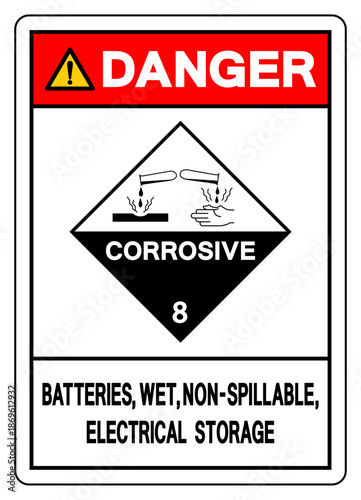 Danger Batteries Wet Non Spillable Electrical Storage Symbol Sign, Vector Illustration, Isolate On White Background, Label.EPS10