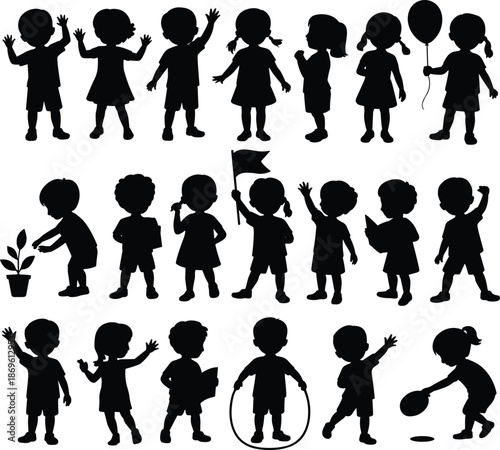 Silhouette of children engaging in various activities with a hula hoop and a flag silhouettes black