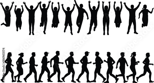 Silhouettes of people jumping and walking in black and white