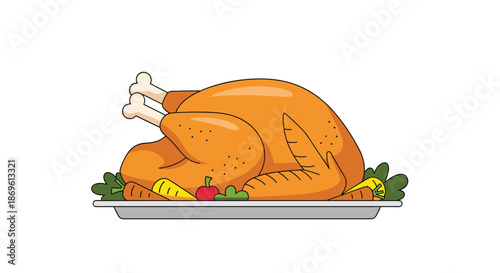 Perfectly roasted whole turkey on a serving platter garnished with vibrant carrots a red apple and fresh green herbs.