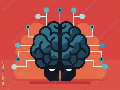 A creative illustration of a brain with circuit board elements on red background