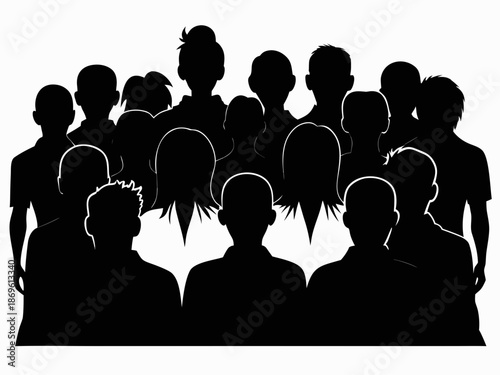 Vector illustration of a diverse group of people in black silhouettes standing together