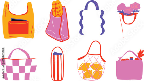 Colorful assortment of various bags and containers with fruits and vegetables