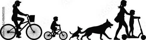 Silhouettes of a woman on a bicycle, a child on a bike, two dogs, and a woman with a child on a scooter