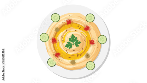 Hummus served on a white plate, garnished with parsley, cucumber slices, and spices, presented as a delicious Mediterranean appetizer.