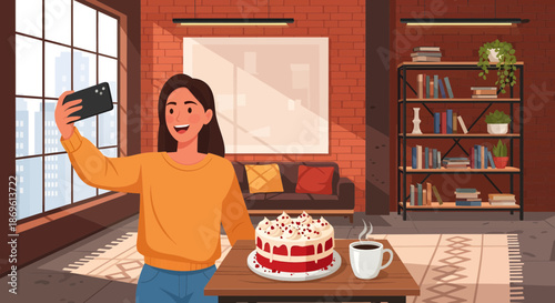 Woman Taking Selfie with Birthday Cake.