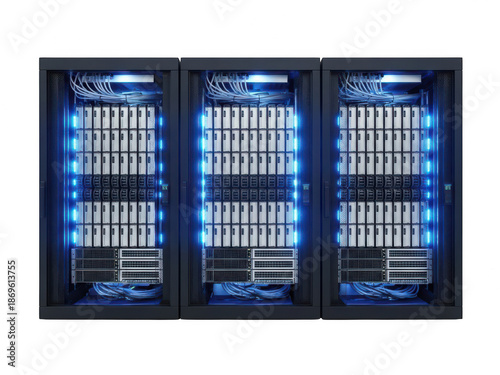 Advanced server rack with blue illuminated units in data center isolated on transparent background