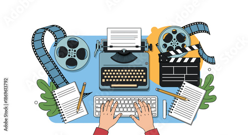 Creative overhead view of a workspace with a vintage typewriter keyboard film reels clapperboard and notebooks.