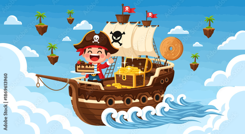 Obraz premium Cartoon Pirate Sailing Ship on Ocean Waves.