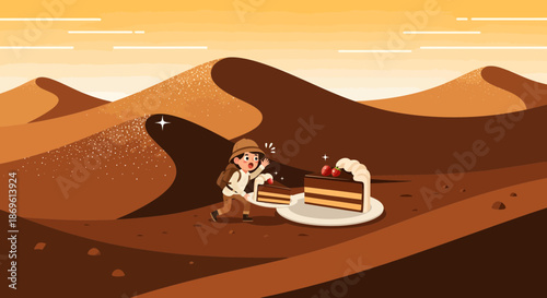 Cartoon Monkey Eating Cake in Desert.
