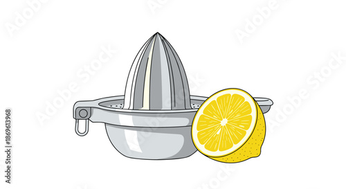 Essential kitchen tools: a classic metal lemon juicer placed next to a freshly halved bright yellow lemon.