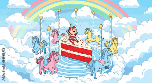 Child Riding Carousel Horses in Clouds.