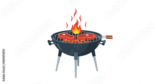 Classic charcoal grill with two juicy steaks sizzling over hot flames is depicted on a white background ready for a delicious barbecue and outdoor cooking experience.