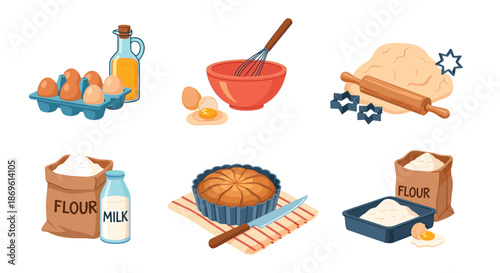 Diverse collection of baking ingredients and tools including eggs oil whisk dough rolling pin flour milk and a pie.