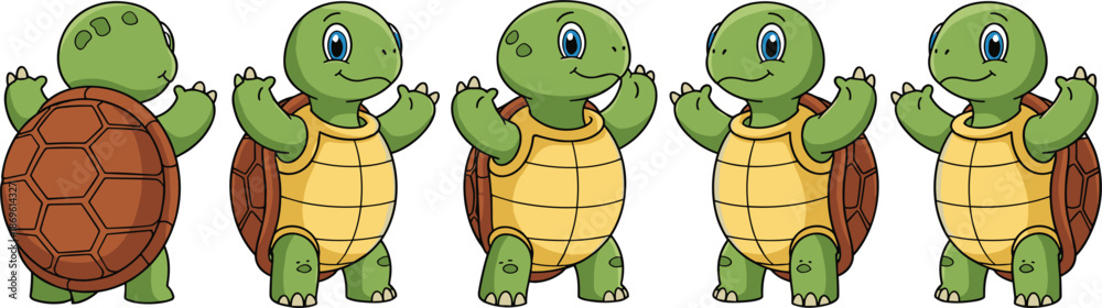 Fototapeta premium Cute cartoon turtle character sprite sheet flat vector illustration with multiple poses, views and friendly animal design
