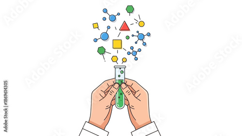 Scientific discovery Hands hold test tube, abstract molecules and shapes emerge, symbolizing chemical research, innovation, and experimental progress
