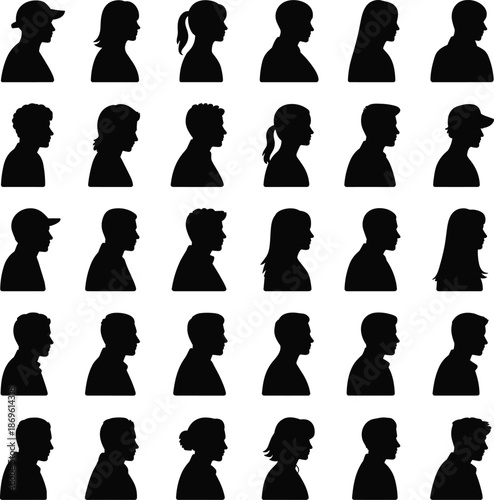 Collection of black silhouette profiles of people with various hairstyles and headwear