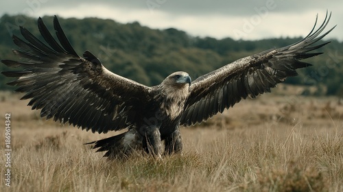 Predatory bird of prey mid-landing in open field under cloudy sky  