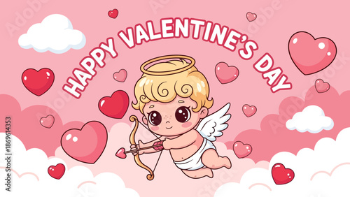 Foto Cute cupid flying with bow and arrow on Valentine's Day