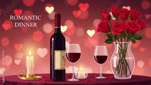 Romantic dinner setup with wine, roses, and candlelight
