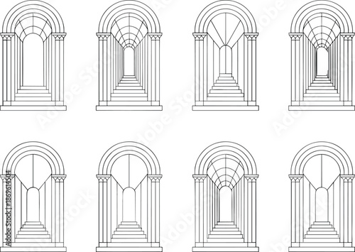 Eight variations of a black and white architectural archway with steps stairs doorway